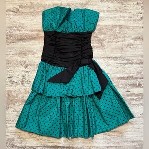 Vintage Teal Strapless Dress with Black Polka Dots‎